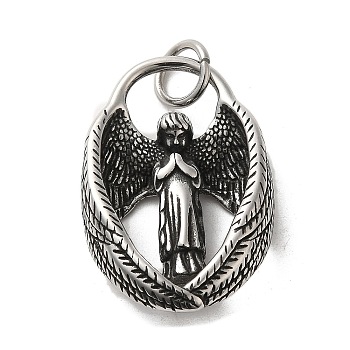 304 Stainless Steel Pendants, with Jump Ring, Angle with Wing Charm, Antique Silver, 45x27x8.5mm, Hole: 7mm