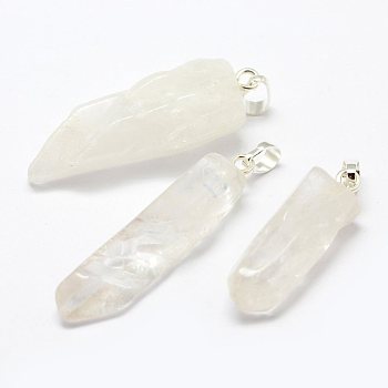 Natural Quartz Crystal Pendants, with Silver Tone Brass Findings, Nuggets, 37~50x10~19x7~13mm, Hole: 5x8mm