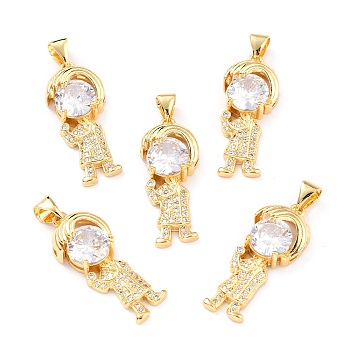 Brass Micro Pave Clear Cubic Zirconia Pendants, Long-Lasting Plated, Human, Real 18K Gold Plated, 27x11x6mm, Hole: 3x5mm