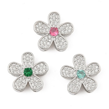 Brass Micro Pave Cubic Zirconia Slide Charms, Long-Lasting Plated, Flower, Platinum, 13.5x13x6mm, Hole: 1.5mm and 1.5x10mm