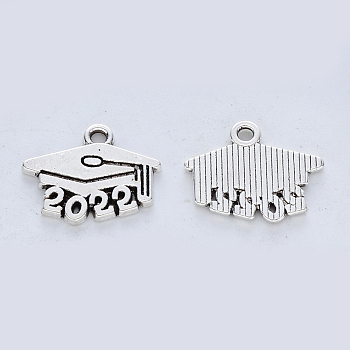 Tibetan Style Alloy Pendants, Graduation Trencher Cap with Number 2022, Cadmium Free & Lead Free, Antique Silver, 14x17.5x1.5mm, Hole: 1.8mm, about 454pcs/500g
