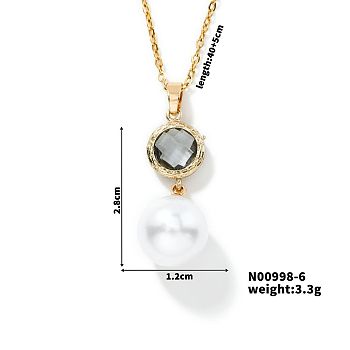 Brass Pave Rhinestone & Imitaiton Pearl Round Pendnat Shiny Women's Necklaces for Women, Golden, Light Grey, 15.75 inch(40cm)