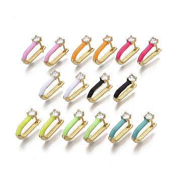 Brass Micro Pave Clear Cubic Zirconia Huggie Hoop Earrings, with Enamel, Real 18K Gold Plated, Nickel Free, U Shape, Mixed Color, 18x14x4mm, Pin: 0.8mm
