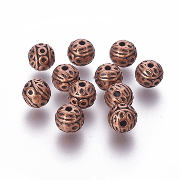 Tibetan Style Zinc Alloy Beads, Textured Round, Cadmium Free & Lead Free, Red Copper, 8mm, Hole: 1mm