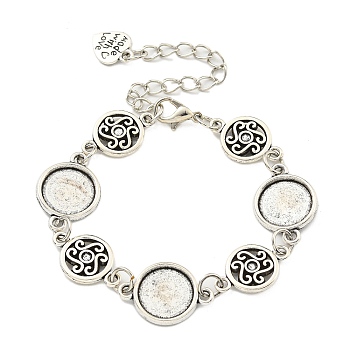 Antique Silver Plated Alloy Link Chain Bracelet Making, Fit for Cabochons, Flat Round, 6-3/4 inch(17.3cm), Tray: 12mm