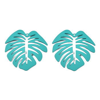 Spray Painted Iron Pendants, Tropical Leaf, Dark Turquoise, 46x44x4.5mm, Hole: 1.6mm