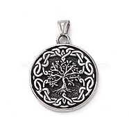 304 Stainless Steel Pendants, Flat Round with Tree, Antique Silver, 44.5x38x5.5mm, Hole: 4.5x8mm(X-STAS-J039-08AS)