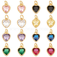 AHADERMAKER 16Pcs 8 Colors Real 18K Gold Plated Brass Inlaid Cubic Zirconia Charms, with Jump Ring, Long-Lasting Plated, Heart, Mixed Color, 8.5x7x4mm, Jump Ring: 4x0.5mm, 2.5mm Inner Diameter, 2pcs/color(FIND-GA0002-34)