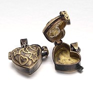 Rack Plating Brass Prayer Box Pendants, Wish Box, Nickel Free, Carved Heart, Antique Bronze, 18x23x11mm, Hole: 5x3mm(KK-E738-03AB-NF)