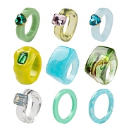 9Pcs 9 Style Resin Finger Rings, Rectangle & Heart, Blue, US Size 6(17mm)~US Size 7 1/4(17.5mm), 2.5~16mm wide, 1pc/style(RJEW-LS0001-06)