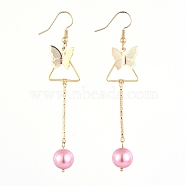Dangle Earrings, with Glass Pearl Round Beads, Iron Bar Links, Brass Pendant and Earring Hooks, Butterfly & Triangle, Pink, 77mm, Pin: 0.7mm(EJEW-JE03973-05)