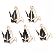 Alloy Enamel Pendants, Paper Crane, Light Gold, Black, 21x15x1.5mm, Hole: 1.8mm(X-ENAM-R058-02C)
