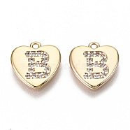 Brass Micro Pave Clear Cubic Zirconia Charms, Nickel Free, Real 18K Gold Plated, Flat Heart, Letter.B, 10x10x1mm, Hole: 1mm(KK-N231-234B-NF)