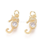 Brass Charms, with Clear Cubic Zirconia and Jump Rings, Sea Horse, Golden, 14x6.5x2.5mm, Hole: 2.5mm(ZIRC-L087-031G)