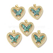 Rack Plating Brass Micro Pave Cubic Zirconia Pendants, with Jump Ring, with Synthetic Opal, Lead Free & Cadmium Free, Long-Lasting Plated, Heart with Butterfly, Real 18K Gold Plated, 22x22x3.5mm, Hole: 5x3.6mm(KK-D088-02G)