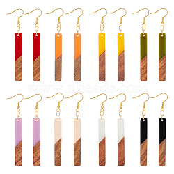 8 Pairs 8 Color Resin & Walnut Wood Dangle Earrings wih Iron Pins, Rectangle, Mixed Color, 77mm, 1 Pair/color(EJEW-AB00030)