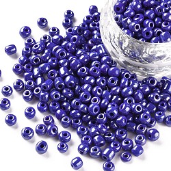 Glass Seed Beads, Opaque Colors Lustered, Round, Blue, 4mm, Hole: 1.5mm, about 4500pcs/pound(SEED-A012-4mm-128)