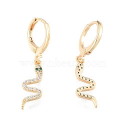Green Cubic Zirconia Snake Dangle Leverback Earrings, Brass Jewelry for Women, Cadmium Free & Nickel Free & Lead Free, Real 18K Gold Plated, 30.5mm, Pin: 1mm(EJEW-N012-79)