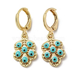 Real 18K Gold Plated Brass Dangle Leverback Earrings, with Enamel, Leaf with Evil Eye, Turquoise, 31x11.5mm(EJEW-A033-13G)
