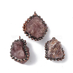 Natural Strawberry Quartz Pendants, Nuggets Charms with Red Copper Plated Brass Chains, Lead Free & Cadmium Free, 31~42x23~35x12~23mm, Hole: 4mm(G-F739-10R-01)