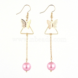 Dangle Earrings, with Glass Pearl Round Beads, Iron Bar Links, Brass Pendant and Earring Hooks, Butterfly & Triangle, Pink, 77mm, Pin: 0.7mm(EJEW-JE03973-05)
