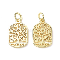 Rack Plating Brass Pendants, with Jump Ring, Lead Free & Cadmium Free, Hollow, Rectangle with Tree of Life Charm, Real 18K Gold Plated, 15.7x10x1.3mm, Hole: 3mm(KK-F849-06G)