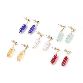 Glass Bullet Braided Dangle Stud Earrings, Gold Plated Brass Wire Wrap Jewelry for Women, Mixed Color, 36mm, Pin: 0.7mm