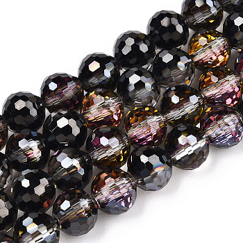 Transparent Electroplate Glass Bead Strands, AB Color Plated, Faceted(96 Facets), Round, Black, 8mm, Hole: 1.4mm, about 70pcs/strand, 19.88 inch~20.67 inch(50.5~52.5cm)
