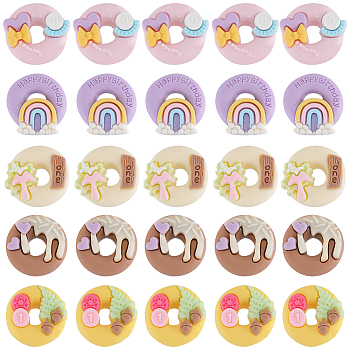 50Pcs 5 Styles Opaque Resin Imitation Food Cabochons, Donut, Mixed Color, 22~24x22~24x8~9.5mm, 10pcs/style