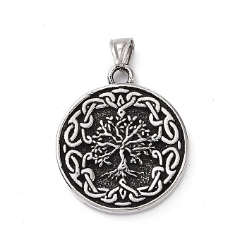 304 Stainless Steel Pendants, Flat Round with Tree, Antique Silver, 44.5x38x5.5mm, Hole: 4.5x8mm