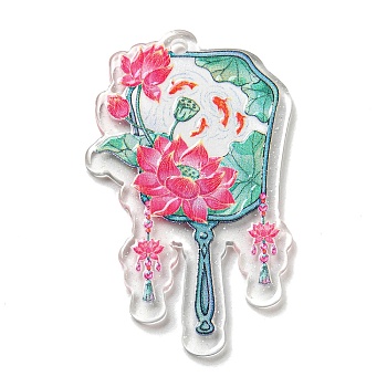 Transparent Acrylic Pendant, Fan with Flower Charm, Fish, 46.5x29x2mm, Hole: 2mm