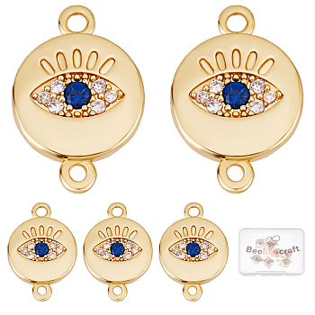 Brass Micro Pave Clear & Royal Blue Cubic Zirconia Connector Charms, Flat Round with Eye, Real 18K Gold Plated, 14x10x1.5mm, Hole: 1.2mm, 10pcs/box