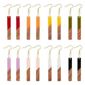 8 Pairs 8 Color Resin & Walnut Wood Dangle Earrings wih Iron Pins, Rectangle, Mixed Color, 77mm, 1 Pair/color