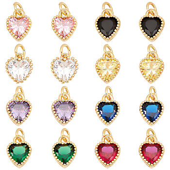 AHADERMAKER 16Pcs 8 Colors Real 18K Gold Plated Brass Inlaid Cubic Zirconia Charms, with Jump Ring, Long-Lasting Plated, Heart, Mixed Color, 8.5x7x4mm, Jump Ring: 4x0.5mm, 2.5mm Inner Diameter, 2pcs/color