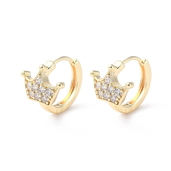 Brass Micro Pave Cubic Zirconia Hoop Earrings, Crown, Real 18K Gold Plated, 13x11.5mm