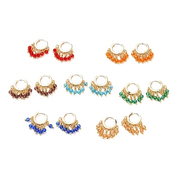 Brass Huggie Hoop Earring Sets, with Glass Charms, Real 18k Gold Plated, Mixed Color, 25x23x4mm, Pin: 1mm, 7pairs/set