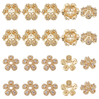 20Pcs 2 Style Brass Micro Pave Clear Cubic Zirconia Fancy Bead Caps, Nickel Free, Flower, Real 18K Gold Plated, 8~9.5x8~9.5x2.5~3mm, Hole: 1mm, 10pcs/style