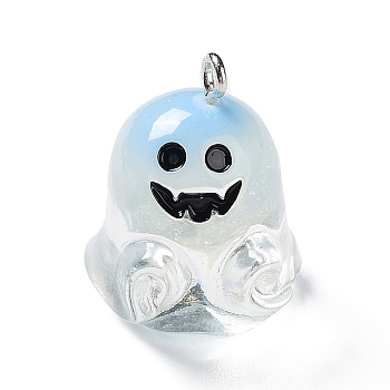 Resin Pendants, Halloween Ghost Charms with Platinum Tone Iron Loops, Clear, 26x18.5x18mm, Hole: 2mm