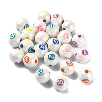 Plating Iridescent Acrylic Beads, Round with Number, Number, 15.5x15mm, Hole: 3.8mm