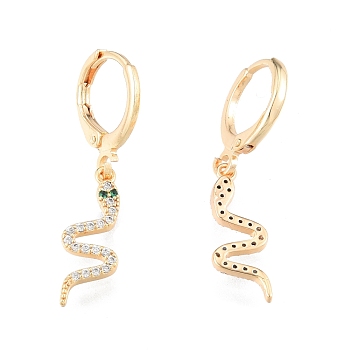 Green Cubic Zirconia Snake Dangle Leverback Earrings, Brass Jewelry for Women, Cadmium Free & Nickel Free & Lead Free, Real 18K Gold Plated, 30.5mm, Pin: 1mm
