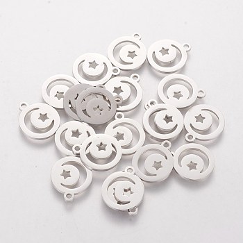 201 Stainless Steel Charms, Flat Round with Moon and Star, Stainless Steel Color, 14x12x1mm, Hole: 1mm