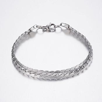 304 Stainless Steel Curb Chain Bracelets, Textured, with Lobster Clasps, Stainless Steel Color, 8-1/2 inch(215mm), 7.5x2mm