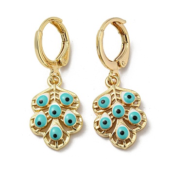 Real 18K Gold Plated Brass Dangle Leverback Earrings, with Enamel, Leaf with Evil Eye, Turquoise, 31x11.5mm