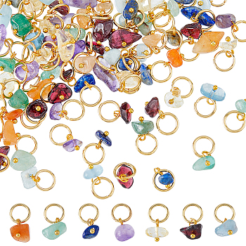 12 Sets Natural Stone Nuggets Charms, Including Natural Garnet & Red Aventurine & Green Aventurine & Amethyst & Citrine & Aquamarine & Lapis Lazuli, with 304 Stainless Steel Jump Ring, Golden, 14mm, 7pcs/set, 12 sets/box