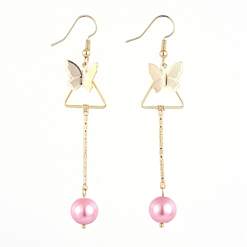 Dangle Earrings, with Glass Pearl Round Beads, Iron Bar Links, Brass Pendant and Earring Hooks, Butterfly & Triangle, Pink, 77mm, Pin: 0.7mm
