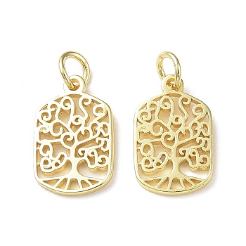 Rack Plating Brass Pendants, with Jump Ring, Lead Free & Cadmium Free, Hollow, Rectangle with Tree of Life Charm, Real 18K Gold Plated, 15.7x10x1.3mm, Hole: 3mm