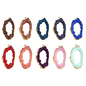 10Pcs 10 Colors Druzy Geode Resin Big Pendants, Edge Light Gold Iron Loops, Nuggets, Mixed Color, 51.5x23.5x6~7mm, Hole: 1.8mm, 1pc/color