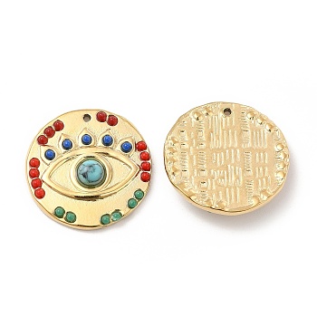 Vacuum Plating 201 Stainless Steel Pendants, with Resin, Real 18K Gold Plated, Flat Round with Eye Charm , Colorful, 20x3.5mm, Hole: 1.2mm