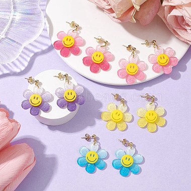 Sunflower with Smiling Acrylic Dangle Stud Earrings(EJEW-JE05608)-2