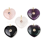 Natural Mixed Gemstone Pendants, Heart Charms with Brass Micro Pave Cubic Zirconia(Random Color) Findings, Golden, 27~28x25x7.5~8mm, Hole: 2.5mm(G-Z138-01G)